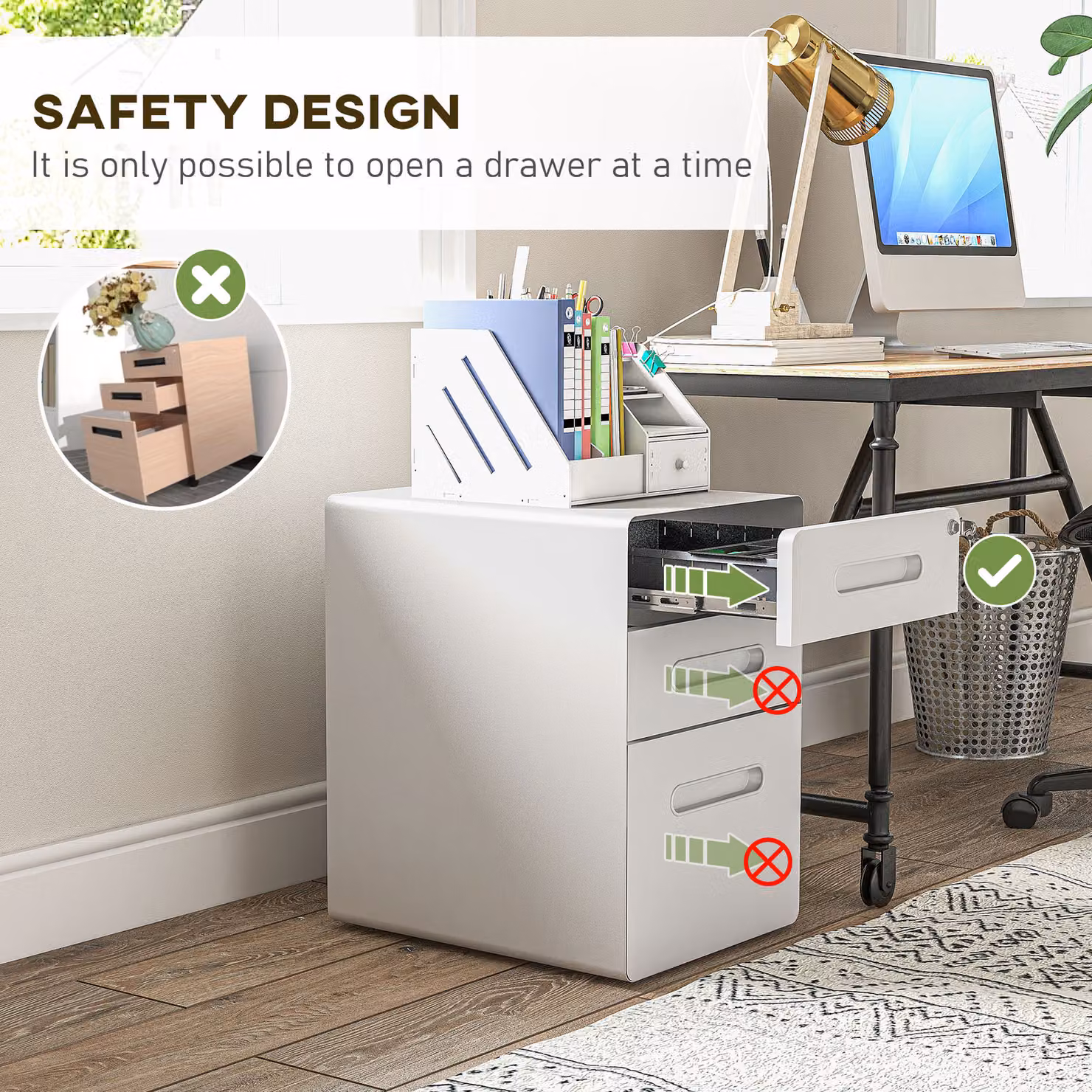 Vinsetto White 3-Drawer Lockable All-Metal Mobile Rolling Vertical File Cabinet – 3