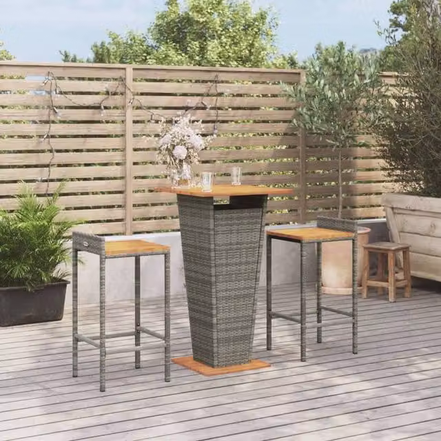 Berkfield Home 3 Piece Garden Bar Set in Grey Poly Rattan and Solid Acacia Wood