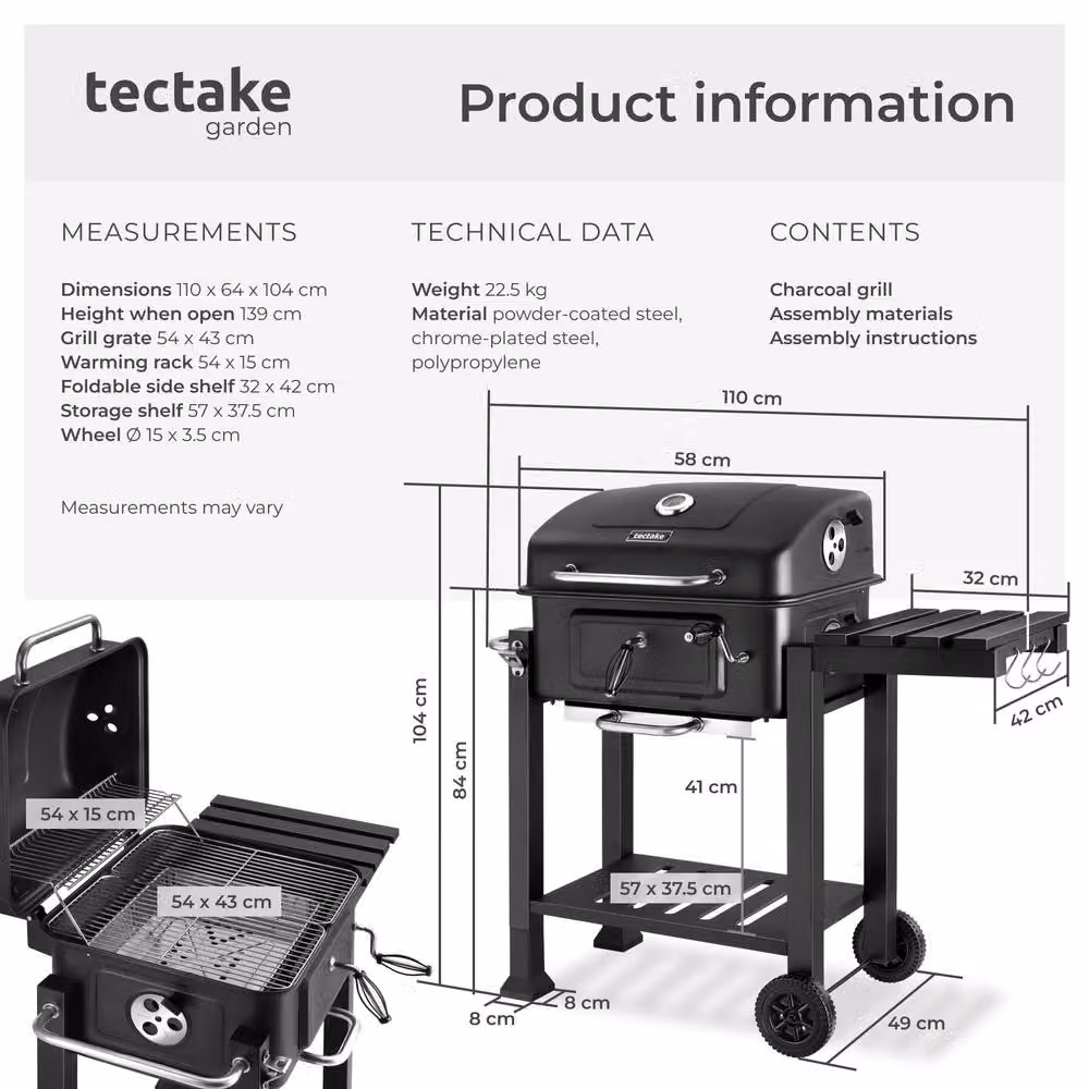tectake Florian Charcoal Grill in Black with Wheels, Warming Rack and Thermometer, W/D/H: 110 x 64 x 104 cm – 6