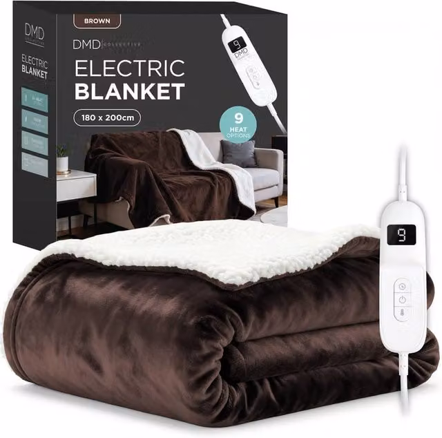 DMD Collective Brown Fleece and Sherpa Electric Heated Blanket Throw, W/D/H: 180 x 200 cm
