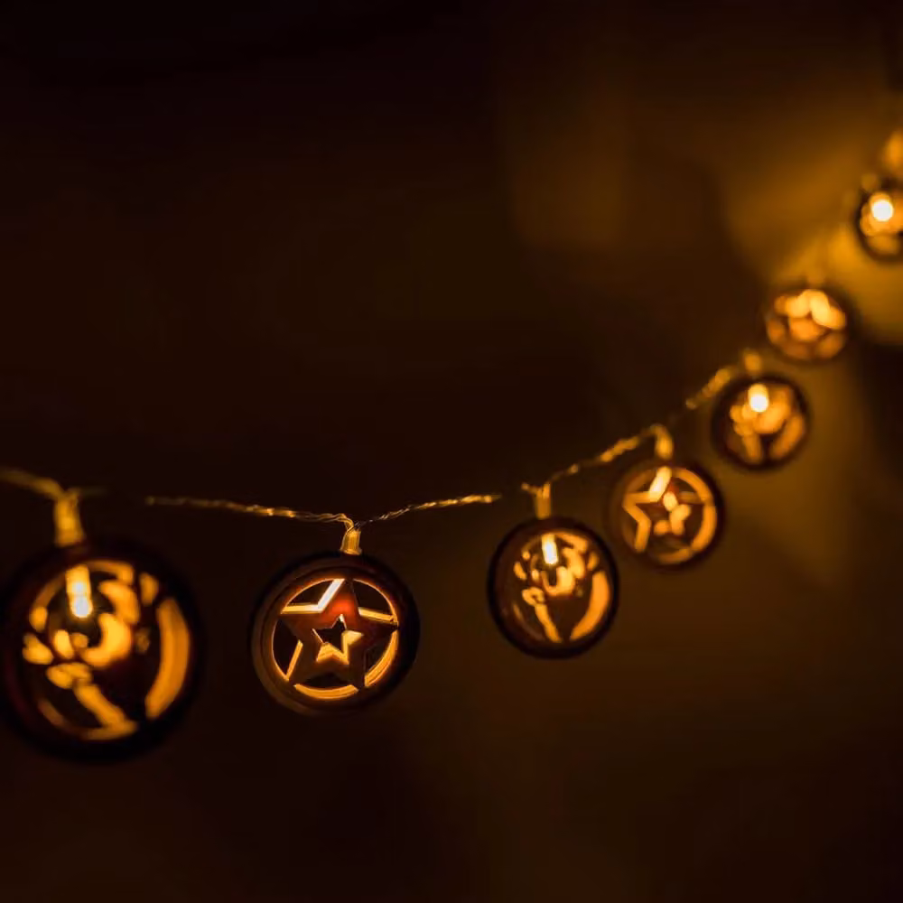 ValueLights Battery Operated Wooden Star and Reindeer Disc String Lights with 10 Warm White Bulbs in Brown and White – 2