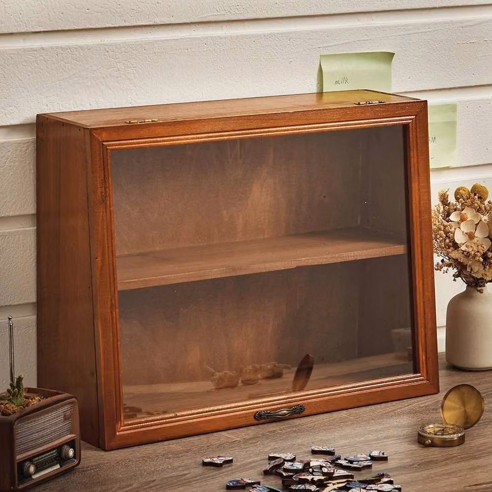 FORGEVIO Vintage Brown Wooden Display Cabinet with Glass Doors and Internal Shelves – 2