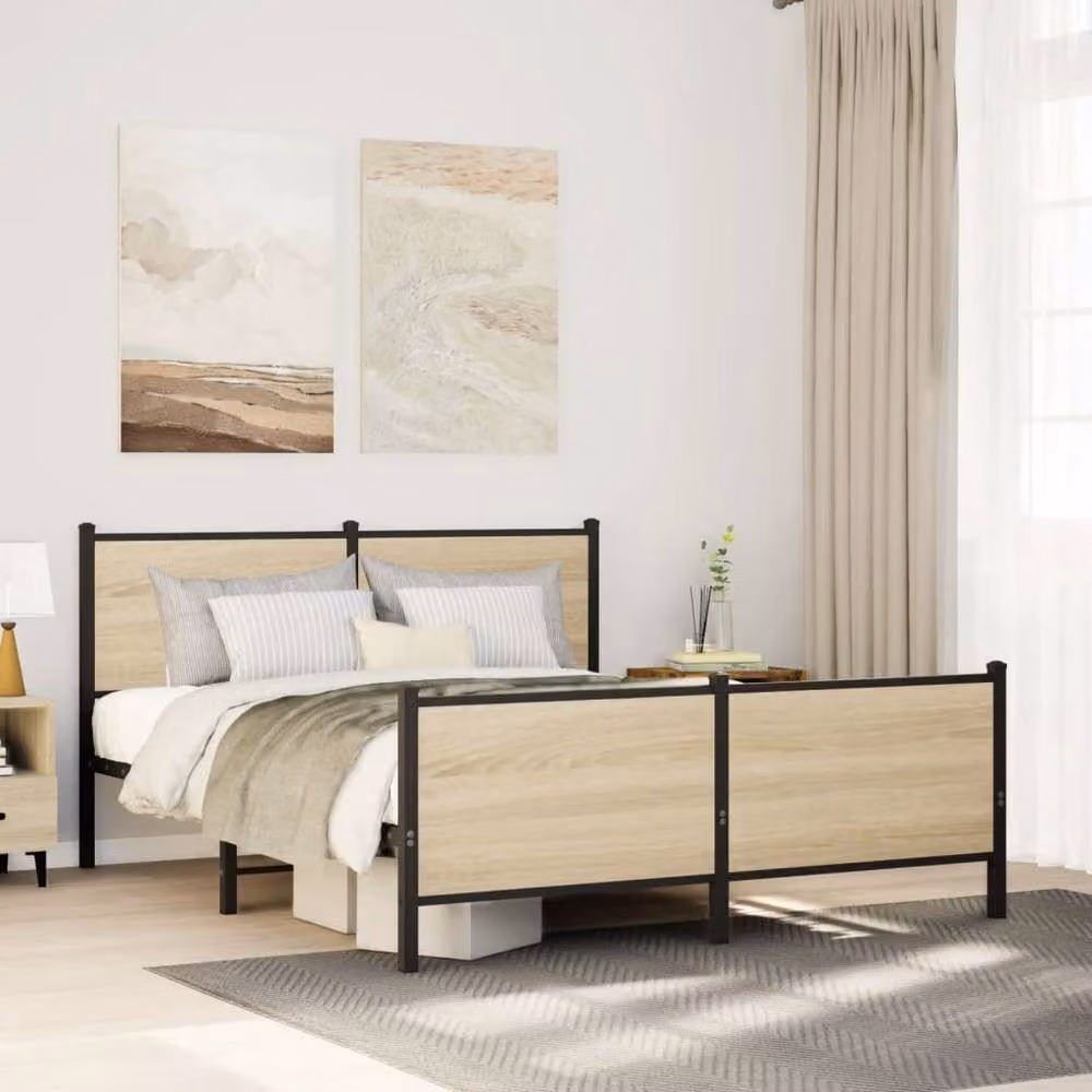 Berkfield Home Metal Bed Frame in Sonoma Oak and Natural with Drawers, W/D/H: 140 x 190 x 91.5 cm – 2