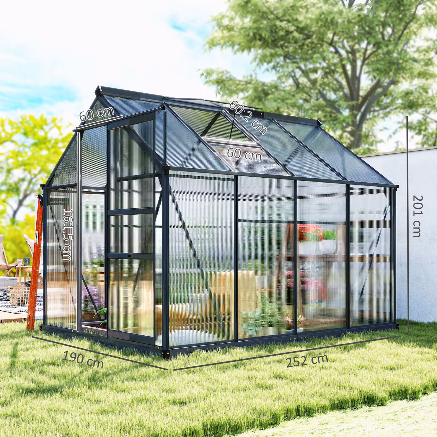 Outsunny Large Walk-In Polycarbonate Greenhouse with Aluminium Frame and Galvanised Base, Transparent, W: 182.88 cm, D: 190 cm, H: 201 cm – 3