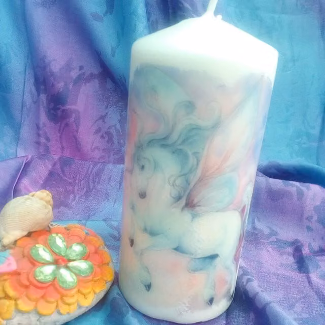 Viki Unicorn Pillar Candle in White and Multicolour