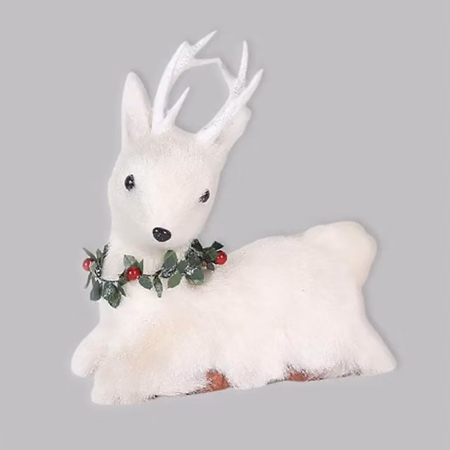 Shatchi White Lying Deer Christmas Tabletop Decoration with Pine and Berries, Height: 25 cm