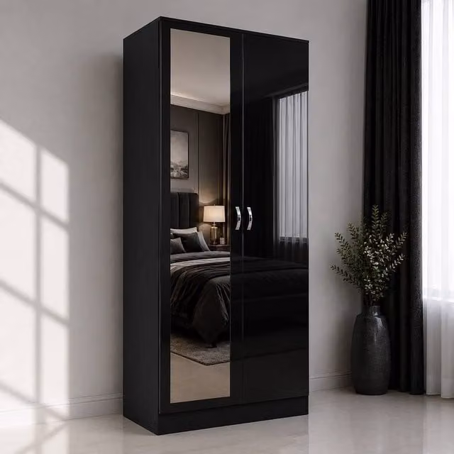Harmin Luxury Black Mirrored 2 Door Soft Close Wardrobe, Height: 180 cm, Width: 76 cm, Depth: 47 cm