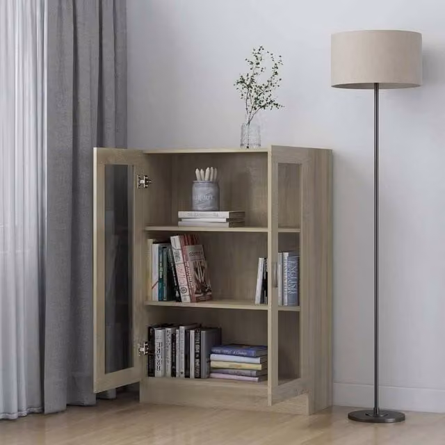 Berkfield Home Sonoma Oak Vitrine Cabinet with Glass Doors in Beige, W/D/H: 82.5 x 30.5 x 115 cm – 1