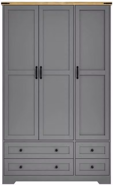 FORGEVIO Grey 3 Door 4 Drawer Panelled Wardrobe with Internal Shelves and Trouser Rack, H 180 x W 108 x D 46 cm – 1