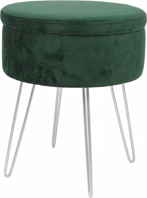 Harbour Housewares Round Velvet Storage Footstool with Silver Legs in Green, H45 x D36 cm