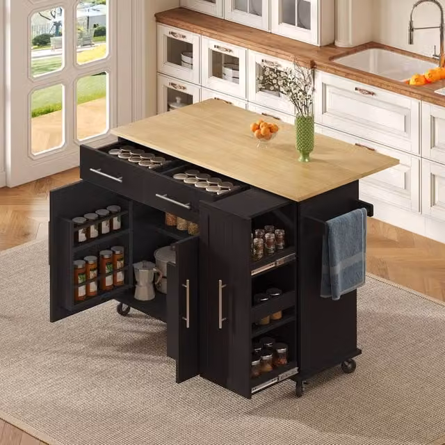 Matteo Mobile Kitchen Island with Drop Leaf and Storage Organiser in Black
