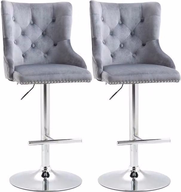 SPETLEK Set of 2 Adjustable Grey Velvet Swivel Bar Stools with Metal Footrest – 1