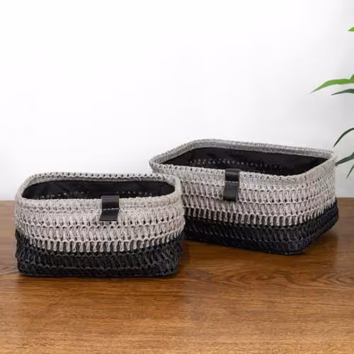 JVL Kenzi Set of 2 Open Weave Rectangular Storage Baskets with Lids and Handles, Grey – 5