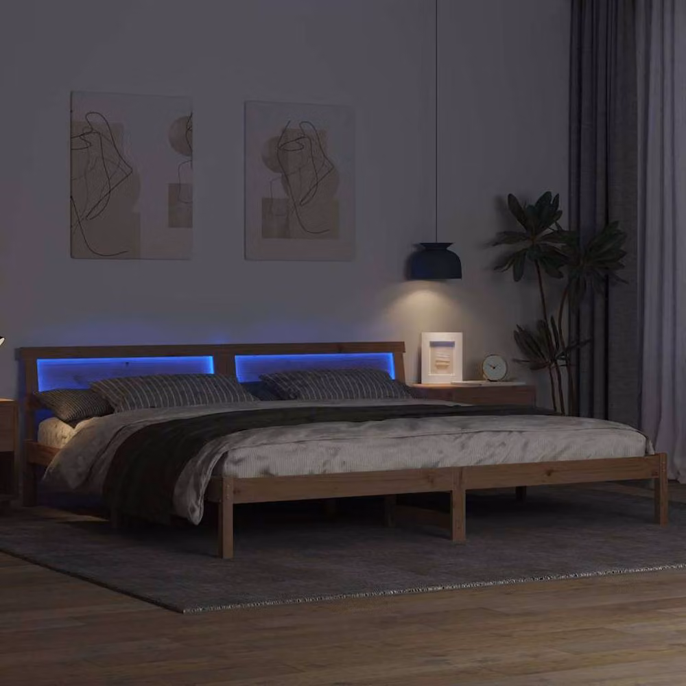 Berkfield Home Modern Solid Pine Bed with LED Strip Lights and Headboard in Brown and Beige, W/D/H: 200 x 200 cm – 2