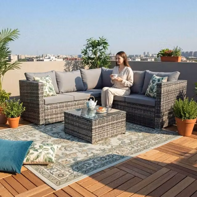 BIRCHTREE Modern Grey Rattan and Glass Furniture Set RFS08