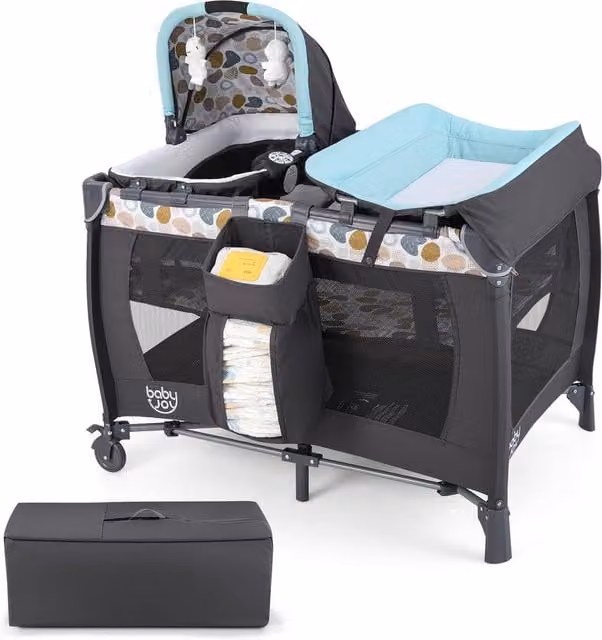 CASART Foldable Nursery Center Bassinet and Baby Playard with Diaper Changing Table in Grey and Multicolour
