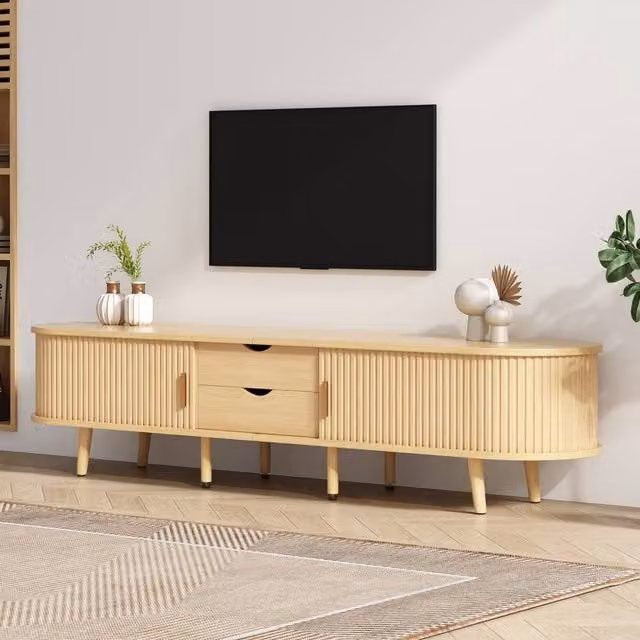 Merax Brown Minimalist Media Entertainment Centre with Drawers and Sliding Doors W/D/H: 175 x 40 x 42 cm – 1