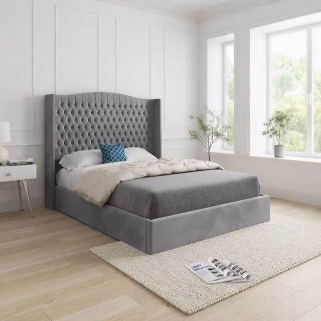 KDMD Stockcross Winged Upholstered Grey Soft Velvet Designer Bed Frame W/D/H: 120 x 200 cm – 1
