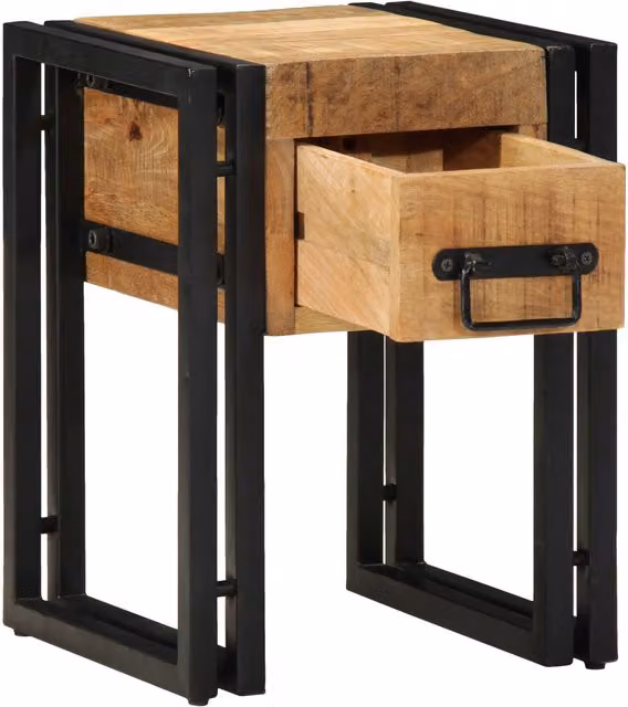 Berkfield Home Modern Square End Table with Drawer in Black and Brown Solid Mango Wood, W/D/H: 30 x 30 x 40 cm
