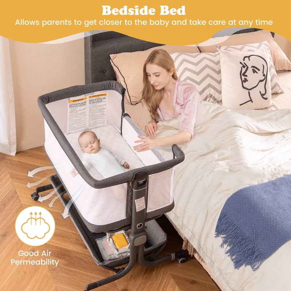 Gymax Adjustable Height Folding Bedside Crib Bassinet in Grey – 5