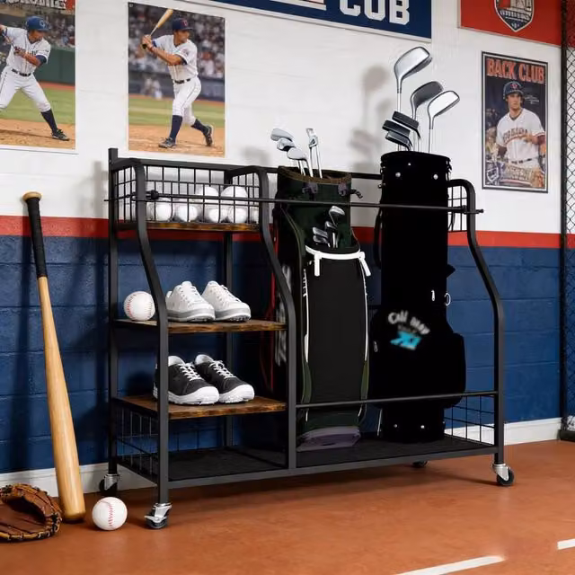 NESTLUNE Black Metal Golf Storage Organiser Stand and Shoe Rack, H 100 cm x W 15 cm