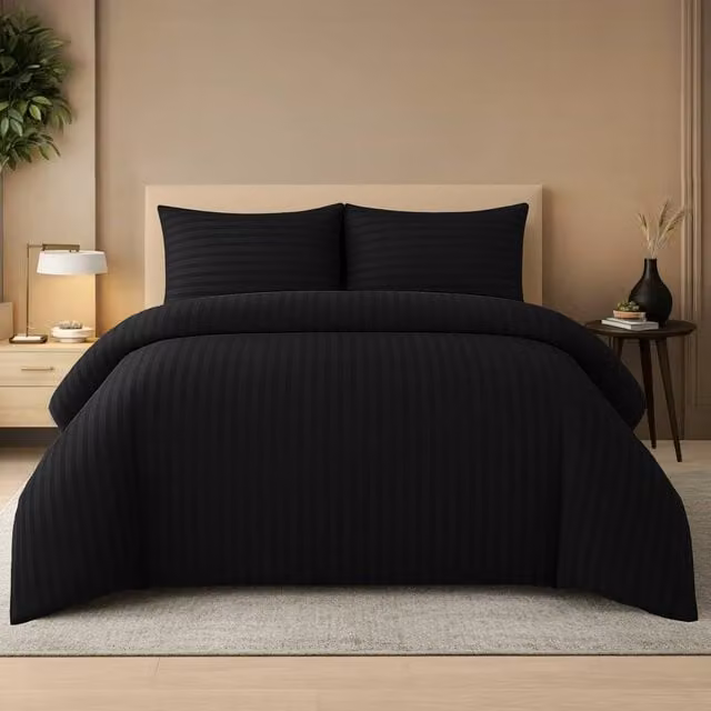 Lazzaro Home Premium Brushed Microfibre Embossed Striped Reversible Duvet Cover and Pillowcase Set, Black, W/D/H: 220 x 230 x 180 cm – 1