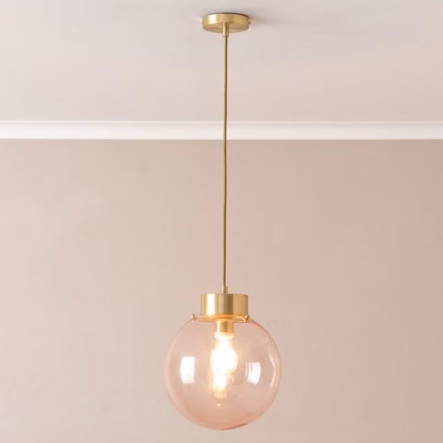 ValueLights Frenchie Pink Glass Globe Capped Ceiling Pendant Light with LED Bulb in Brushed Gold