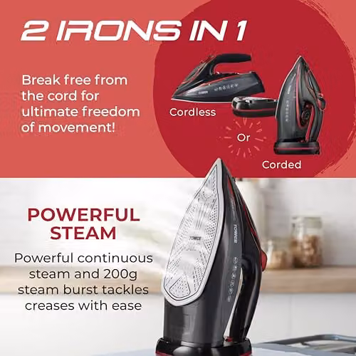 Tower Cordless Steam Iron with Ceramic Non-Stick Soleplate, Anti-Calc System and Auto Shut-Off, Red and Black – 5