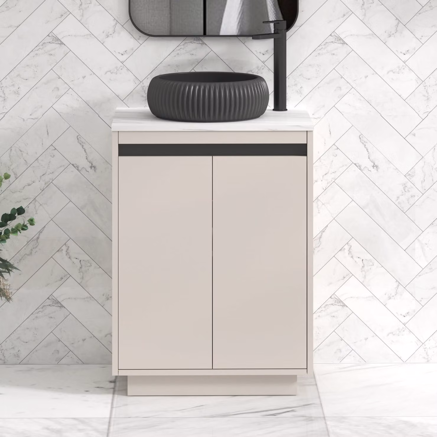 Royal Bathrooms Orion 600mm Warm Taupe Floor Standing 2 Door Vanity Unit with Milan Black Basin and Black Accent Trim
