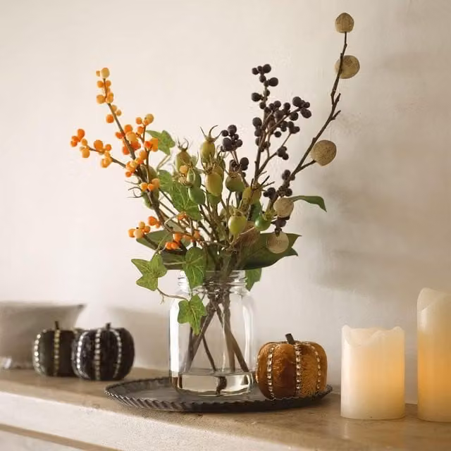 Bloom Artificial Autumn Berries Floral Arrangement in a Glass Jam Jar Vase, Green, Brown, Orange and Purple