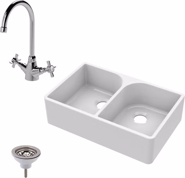 Balterley White Ceramic 2 Bowl Full Weir Butler Sink Tap and Waste Bundle, Width: 79.5 cm – 1