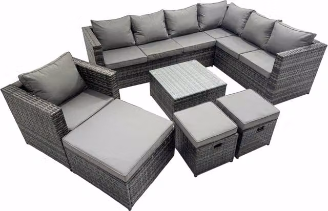 Fimous 10-Seat L-Shaped PE Rattan Garden Sofa Set in Dark Grey with Coffee Table and Ottoman