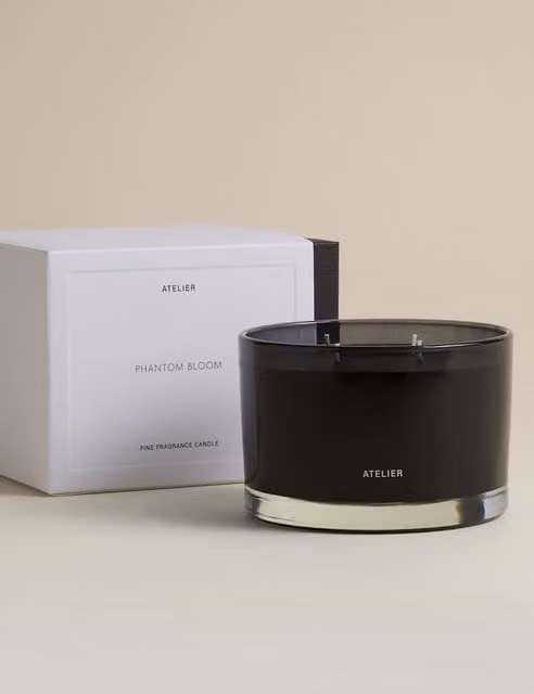 M&S Phantom Bloom 4 Wick Black Glass Pillar Candle with Floral and Fresh Scents