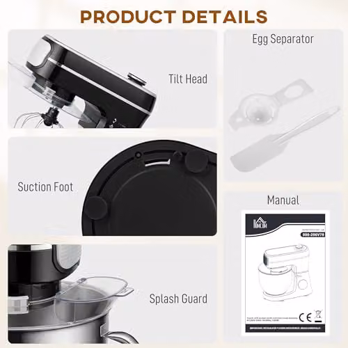 HOMCOM Digital Stand Mixer with 6L Capacity, 1400W Power and 11 Speeds in Black – 7