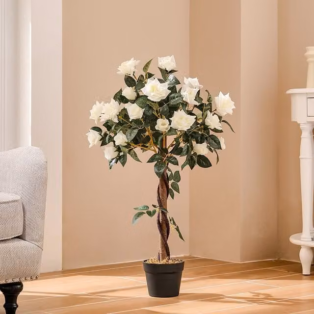 Livingandhome White Artificial Rose Flower Tree in Pot, Height: 90 cm