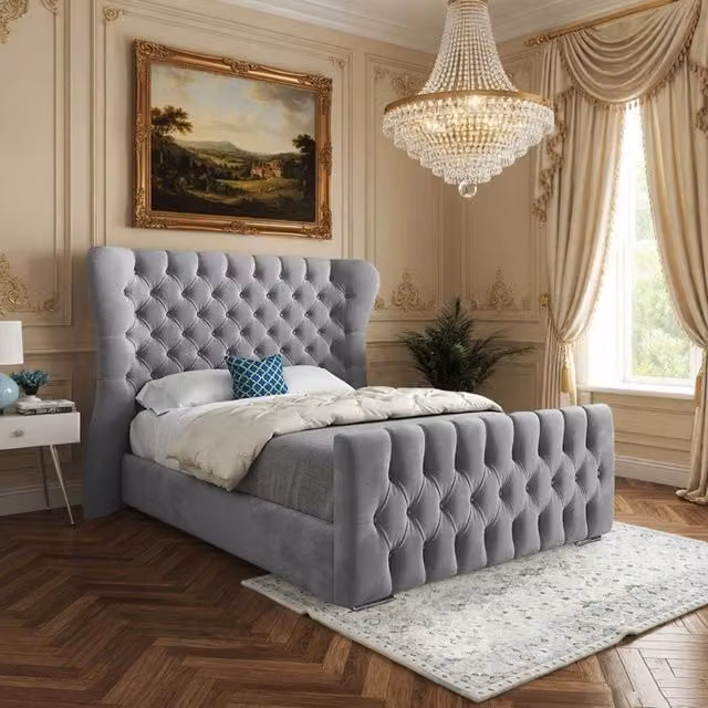 Casani Reydon Upholstered Velvet Designer Bed Frame in Grey, W/D/H: 137 x 120 x 200 cm – 1