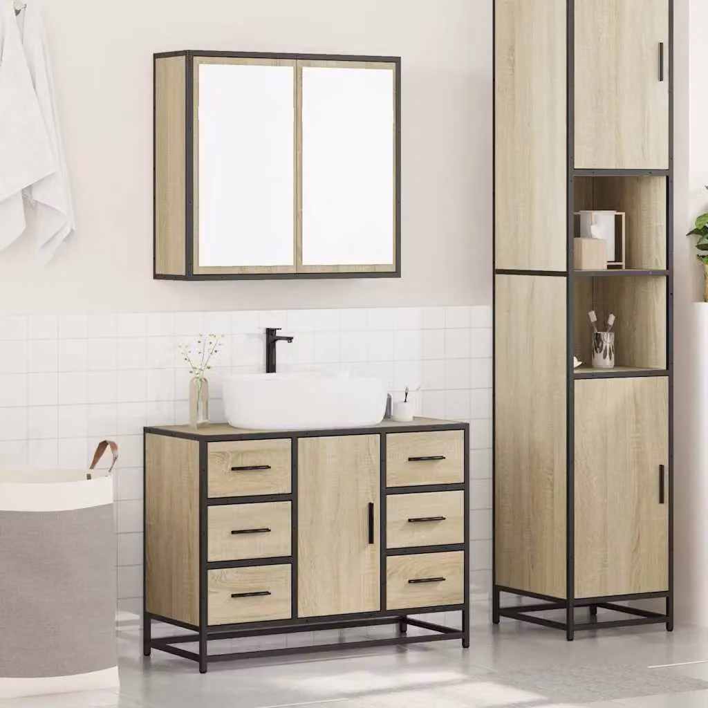 Berkfield Home 2 Piece Bathroom Furniture Set in Sonoma Oak Brown featuring Vanity Unit and Mirror Cabinet – 3