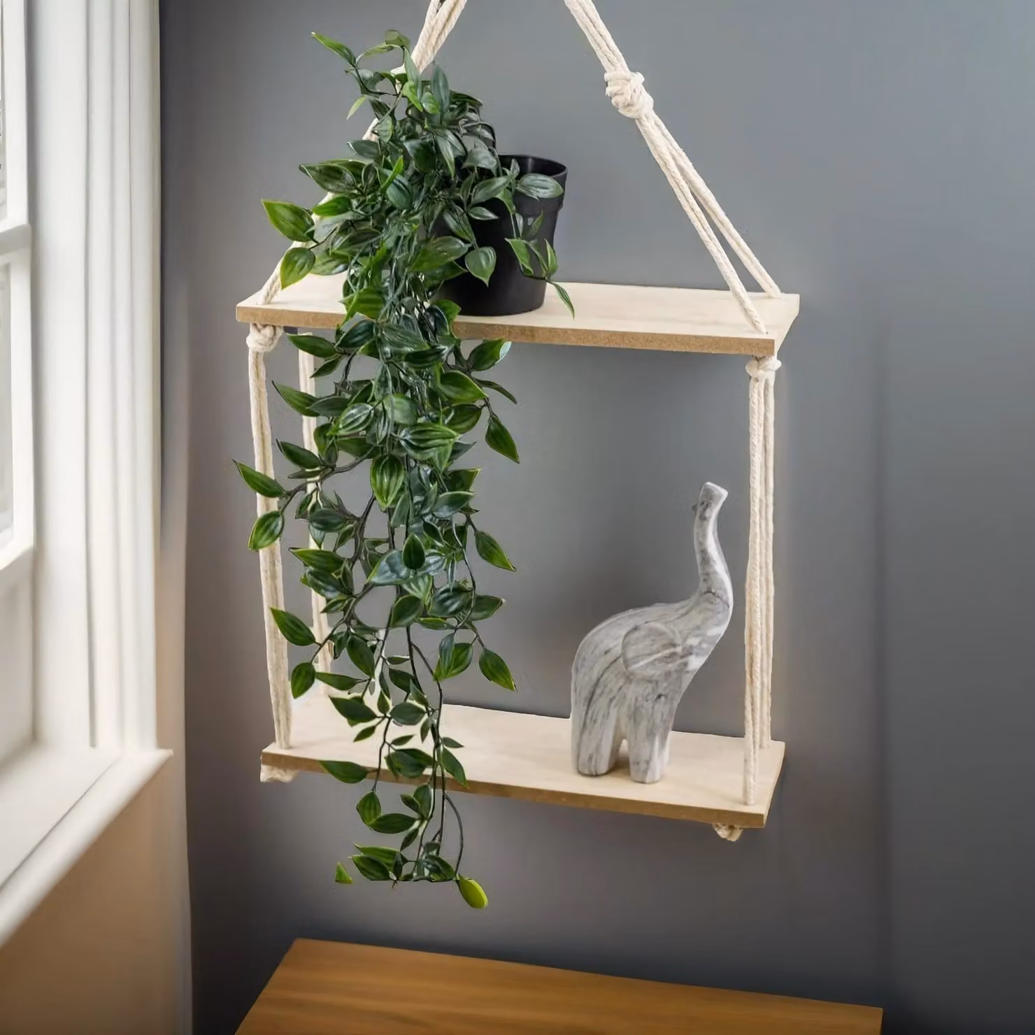 Pirlo Plush 2 Tier Hanging Wall Mounted Shelves with Rope Detail in Sand – 1