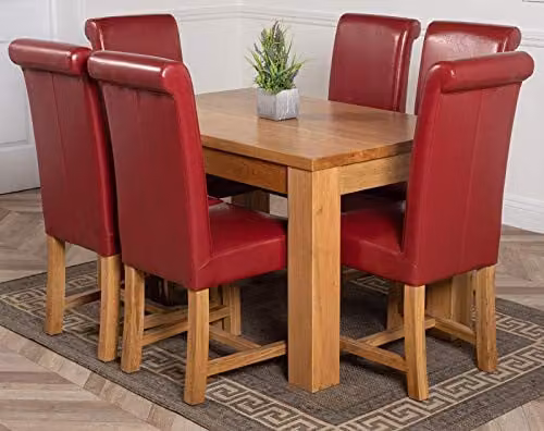 Oak Furniture King Dakota Solid Oak 6 Seater Dining Set with Washington Burgundy Leather Upholstered Chairs, W/D/H: 127 x 82 x 77 cm