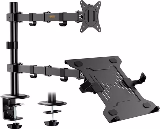 VonHaus Height Adjustable Monitor Stand with Laptop Tray and Desk Clamp, Black