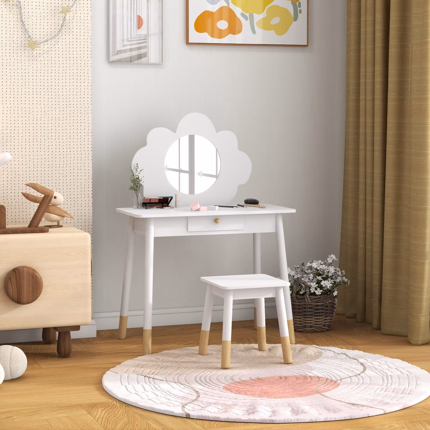 AIYAPLAY Kids Dressing Table with Mirror, Stool and Drawer in White Cloud Design – 4