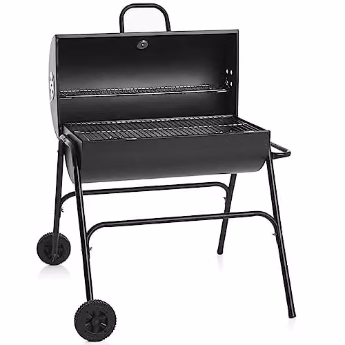 Gr8 Garden Large Black Steel Oil Drum Charcoal BBQ Grill with Warming Rack and Wheels – 1