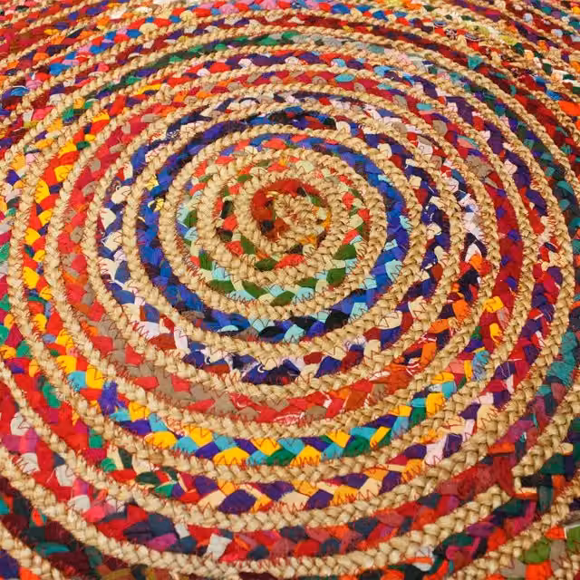 KDMK Handmade Round Boho Jute and Cotton Rug in Multicolour and Yellow