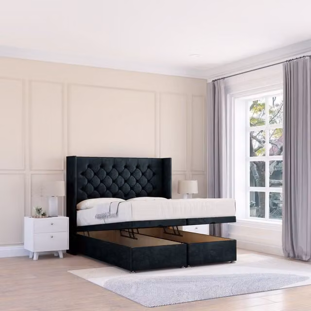 Sloomy Dior Naples Super King Fabric Ottoman Bed in Black with Winged Floorstanding Headboard and Hybrid Memory Mattress W/D/H: 200 x 200 cm