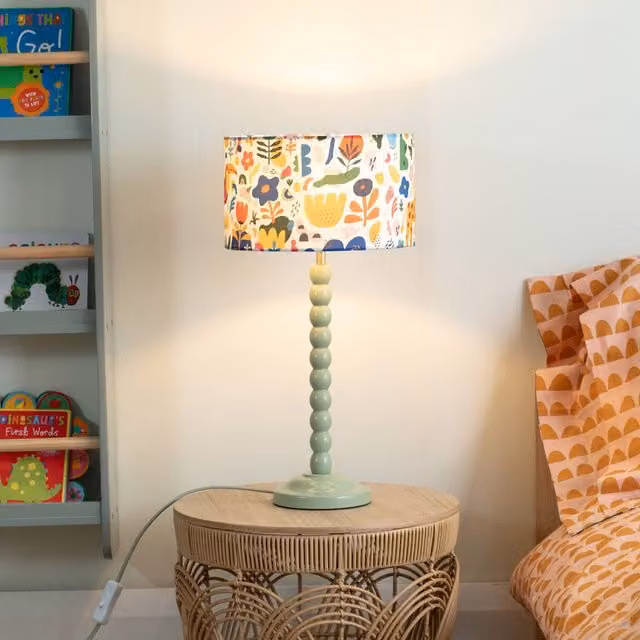 ValueLights Bobbins Sage Green Table Lamp with Fabric Jungle Drum Shade