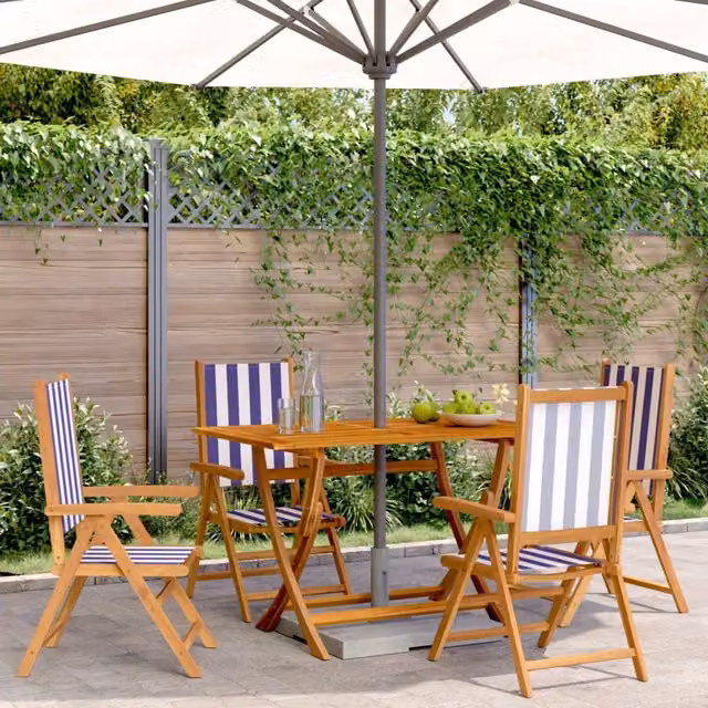 Berkfield Home Set of 4 Reclining Garden Chairs in Blue and White Striped Fabric with Lacquered Acacia Wood – 1