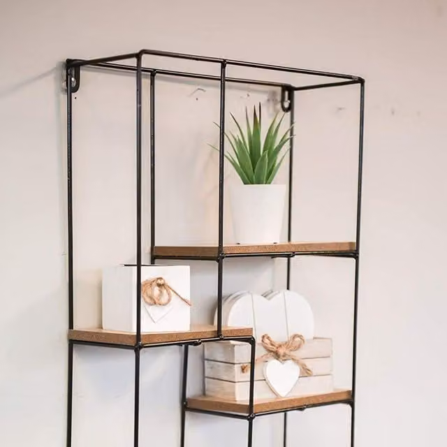 Marco Paul Modern Black Wall Mounted Floating Metal and Wood Shelves