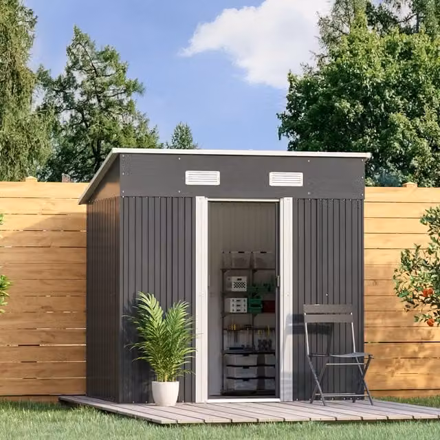 Livingandhome Pent Metal Garden Storage Shed with Double Doors in Black/Anthracite, Height: 194 cm