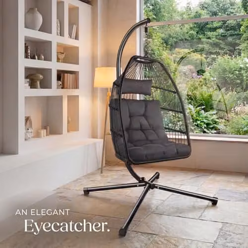 tectake Grey Rattan Egg Chair with Powder Coated Steel Stand and Cushions – 6