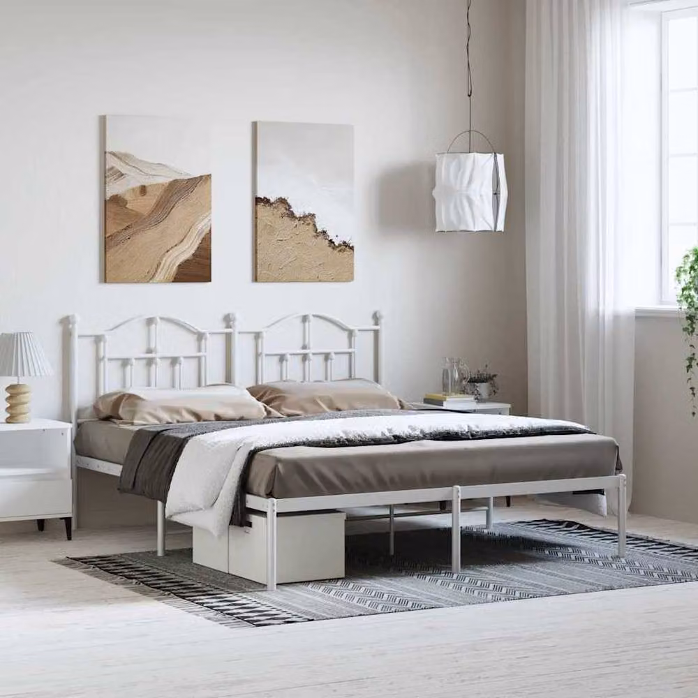 Berkfield Home Metal Bed Frame with Headboard in White W: 183 cm, L: 213 cm – 2
